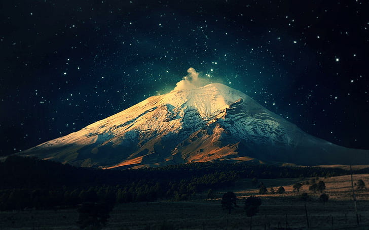 Извержение вулкана, горы, звезды, вулкан, извержение, природа и пейзажи, HD обои