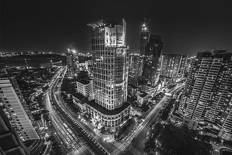 architecture, black and white, bridge, buildings, business, city, city lights, cityscape, dark, downtown, dusk, engineering, highway, modern, night, road, skyline, skyscrapers, steel and concrete structure, street, HD wallpaper HD wallpaper
