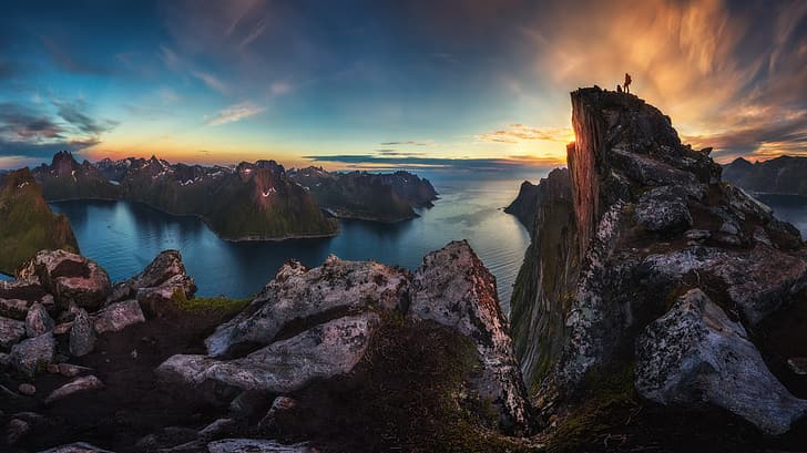 mountains, rocks, people, dog, Norway, the fjord, The Lofoten Islands, HD wallpaper
