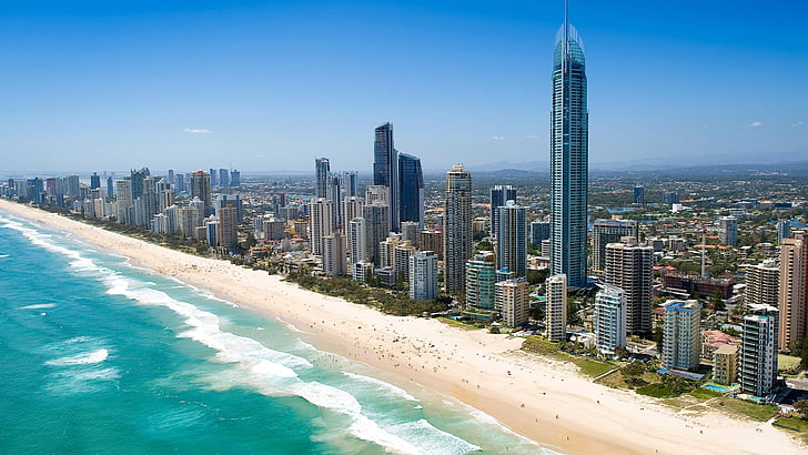aerial photograph of city, Queensland, 5k, 4k wallpaper, Australia, Pacific ocean, shore, Best Beaches in the World, skyscrapers, HD wallpaper
