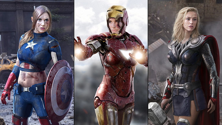 Captain America, Iron-Man, and Thor wallpapers, female parody of Iron Man, Thor, and Captain America, Amber Heard, blonde, blue eyes, Alison Brie, Captain America, Sandra Bullock, Iron Man, Thor, face, women, The Avengers, rule 63, Marvel Comics, collage, fantasy girl, HD wallpaper