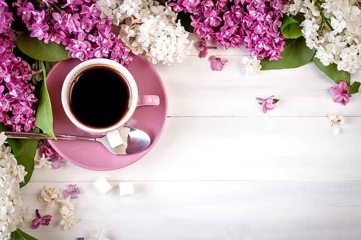 flowers, wood, lilac, coffee cup, a Cup of coffee, HD wallpaper