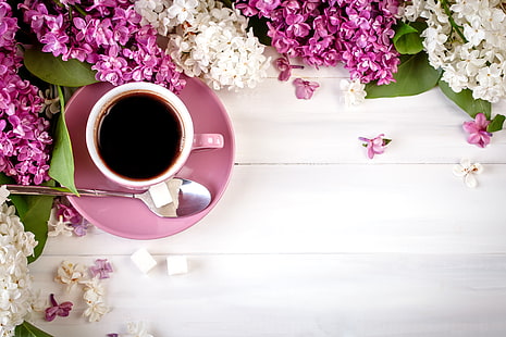 fiori, legno, lilla, tazza di caffè, una tazza di caffè, Sfondo HD HD wallpaper