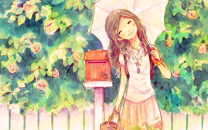 femme tenant illustration de parapluie, sourire, parapluie, fille, bonne humeur, boîte de réception, Fond d'écran HD
