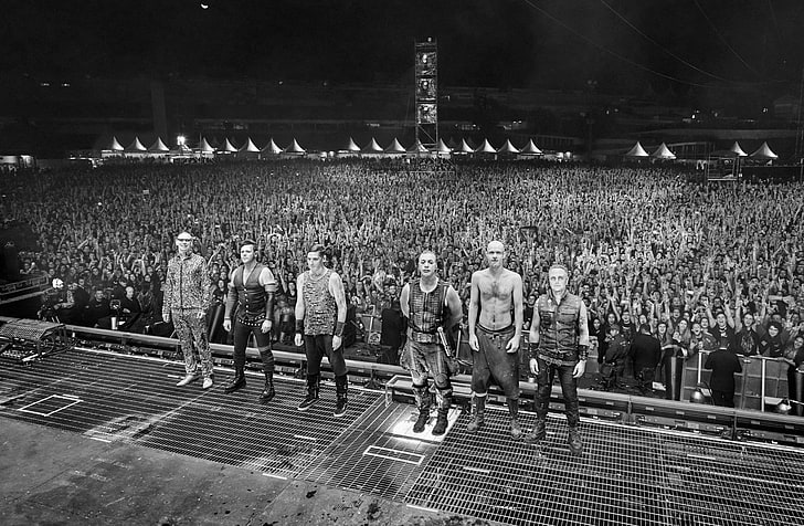 Rammstein, metal band, concerts, Till Lindemann, monochrome, crowds, band, stages, standing, HD wallpaper
