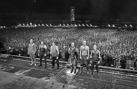 Rammstein, metal band, concerts, Till Lindemann, monochrome, crowds, band, stages, standing, HD wallpaper HD wallpaper