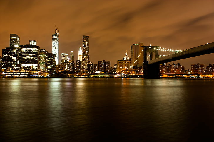 Бруклински мост, Бруклински мост, Бруклински мост, Финансов район, Ню Йорк Ню Йорк, Ню Йорк Сити, Skyline, градски Skyline, САЩ, градски пейзаж, небостъргач, Манхатън - Ню Йорк, нощ, Ийст Ривър, Център на района, Долен Манхатън, Бруклин - Ню Йорк, град, градска сцена, известно място, река Хъдсън, щата Ню Йорк, река, архитектура, осветена, екстериор на сграда, здрач, построена структура, HD тапет