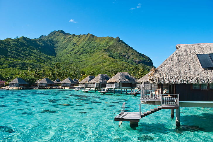 Franska Polynesien, Ocean, bungalowhotell, exotiskt, Moorea, Franska Polynesien, HD tapet