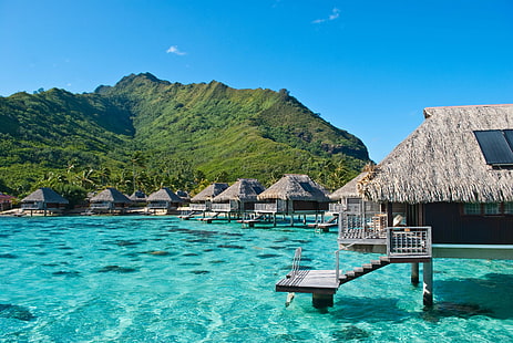 Polinesia Francese, Oceano, bungalow hotel, esotici, Moorea, Polinesia Francese, Sfondo HD HD wallpaper