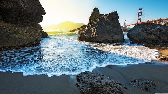 formasi batuan di dekat Jembatan Golden Gate, San Francisco, lanskap, San Francisco, ditandai air, Wallpaper HD HD wallpaper