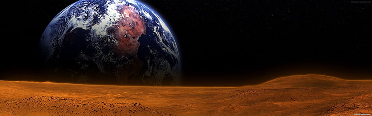 outer space stars planets mars earth 3360x1050  Space Planets HD Art , stars, outer space, HD wallpaper