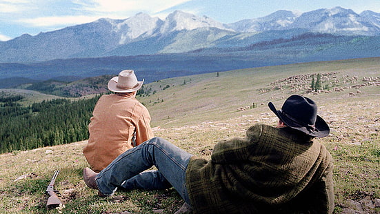 brokeback mountain, 2005, heath ledger, jake gyllenhaal, two brown cowboy hats, brokeback mountain, 2005, heath ledger, jake gyllenhaal, HD wallpaper HD wallpaper