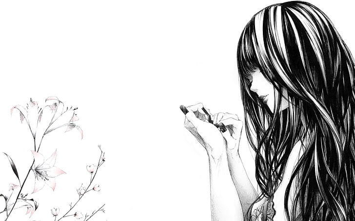 kvinna med långt hår skiss illustration, blommor, figur, lilja, flicka, naglar, konst, svartvitt, Sawasawa, HD tapet