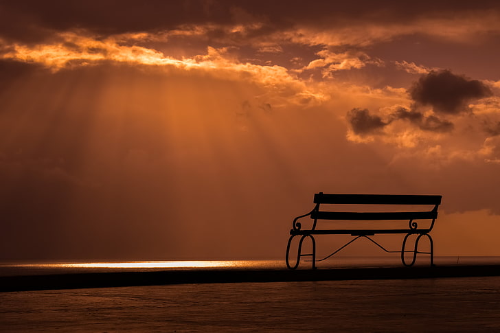 silhouette of bench, bench, sunset, sky, clouds, HD wallpaper