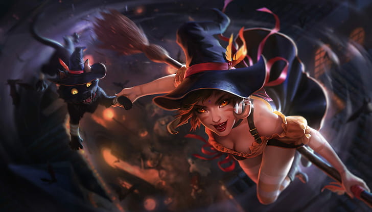 Halloween, witch hat, hat, witch, cleavage, League of Legends, thigh-highs, heels, lolita fashion, see-through clothing, wings, weapon, anime girls, anime, fantasy girl, Janna (League of Legends), HD wallpaper