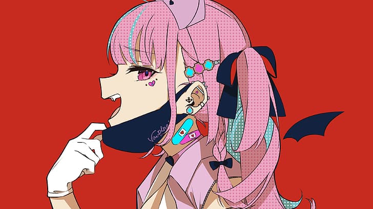 Minato Aqua, anime, chicas anime, cabello rosado, flequillo, guantes, Fondo de pantalla HD