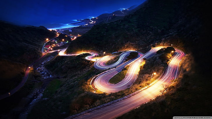 Night view of a hill road, HD wallpaper