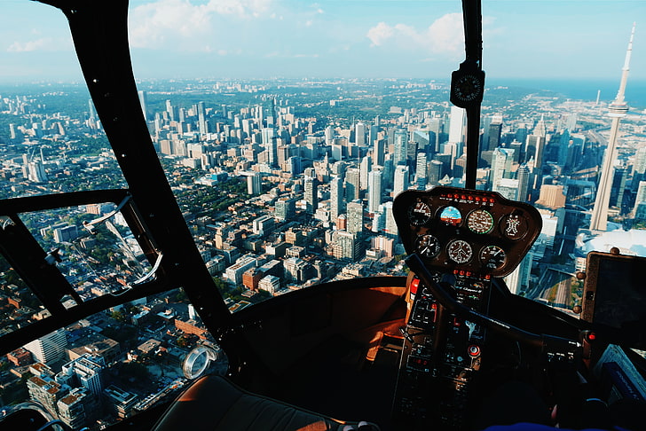 wieżowce, widok z lotu ptaka na budynki miejskie w helikopterze, helikoptery, widok z lotu ptaka, budynek, pejzaż miejski, Toronto, CN Tower, Kanada, wieżowiec, kokpit, miasto, Robinson R44 Clipper II, Tapety HD