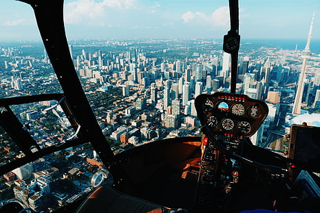 yüksek binalar, helikopterde şehir binalarının havadan görünümü, helikopterler, havadan görünümü, bina, cityscape, Toronto, CN Kulesi, Kanada, gökdelen, kokpit, şehir, Robinson R44 Clipper II, HD masaüstü duvar kağıdı HD wallpaper