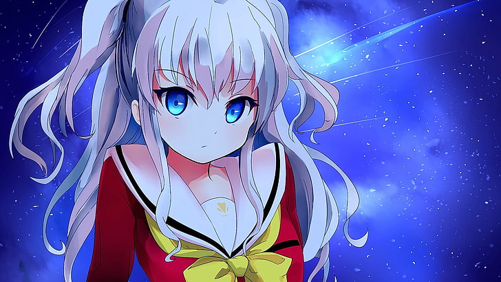 Anime, Anime Mädchen, Charlotte (Anime), Tomonori Nao, Tomori Nao, weißes Haar, langes Haar, blaue Augen, Schuluniform, Blick auf Betrachter, HD-Hintergrundbild