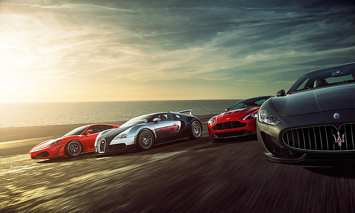 four assorted concept cars, Ferrari F430, Bugatti Veyron, Speed, Sunset, Supercars, Sea, Aston Martin Vantage, Maserati Grant Turismo, HD wallpaper