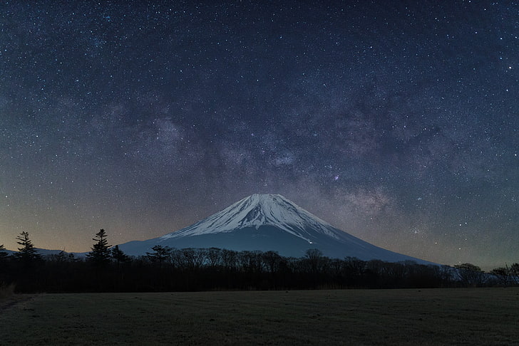 montaña gris, Monte Fuji, naturaleza, montañas, cielo, Japón, noche, estrellas, Fondo de pantalla HD