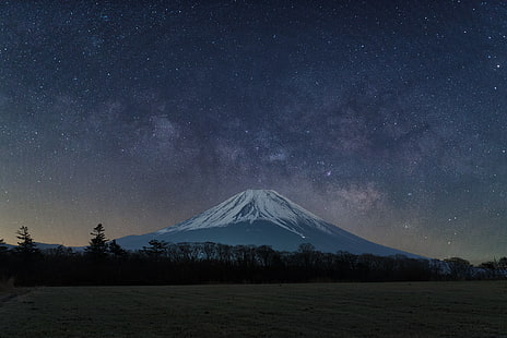 сива планина, планина Фуджи, природа, планини, небе, Япония, нощ, звезди, HD тапет HD wallpaper