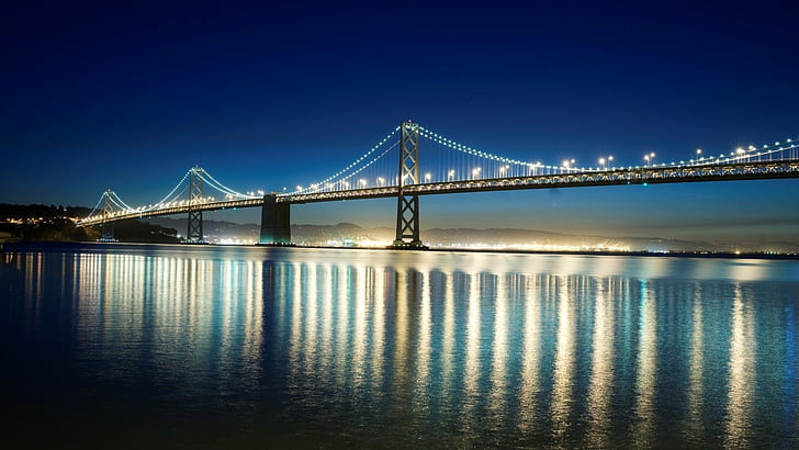 جسر، جسر خليج سان فرانسيسكو - أوكلاند، أضواء المدينة، الليل، منظر طبيعي، خلفية HD