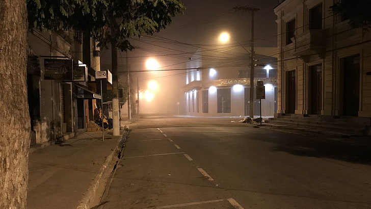ночь, город, освещение, переулок, дорога, улица, уличный фонарь, город, свет, окрестности, асфальт, полночь, Бразилия, туманно, vespasiano, HD обои