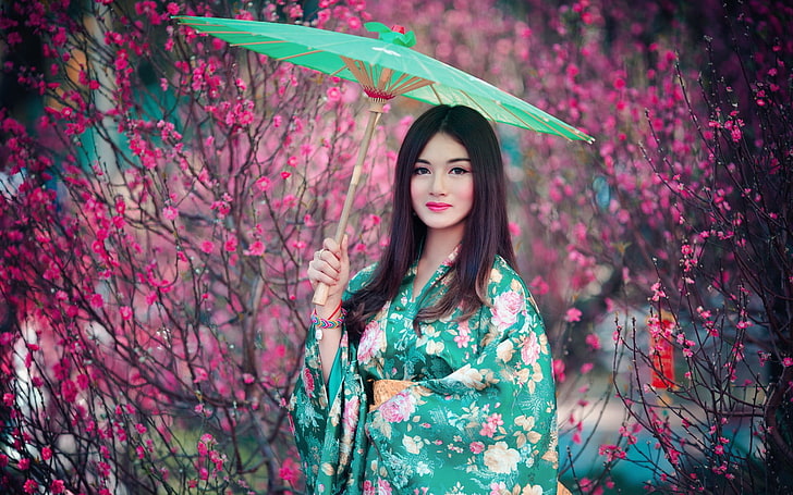 Asian, women, traditional clothing, long hair, brunette, HD wallpaper