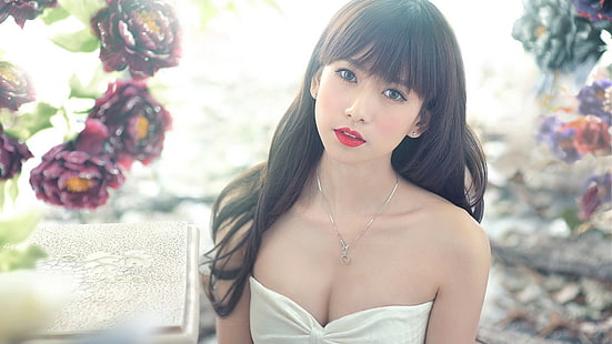 Asiático, modelo, mujer, vestido blanco, pelo largo, Fondo de pantalla HD HD wallpaper