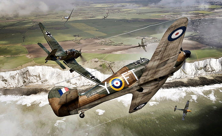 Bataille d'Angleterre, 1940, Bf.109E, WWII, Hawker Hurricane Mk.I, Les falaises blanches de Douvres, Ju.87B, 43 Sqn RAF, Fond d'écran HD