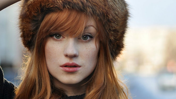 women, redhead, fluffy hat, freckles, Alina Kovalenko, green eyes, looking at viewer, HD wallpaper