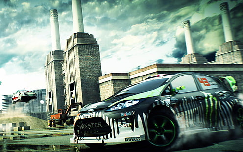 Dirt 3 Race Monster, schwarz weiß grün Ken Block Ford Fiesta Wrc, Rennen, Schmutz, Monster, HD-Hintergrundbild HD wallpaper