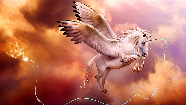sky, unicorn, pegasus, dreamland, wing, mythology, artwork, cloud, mythical creature, storm, supernatural creature, fictional character, winged unicorn, HD wallpaper