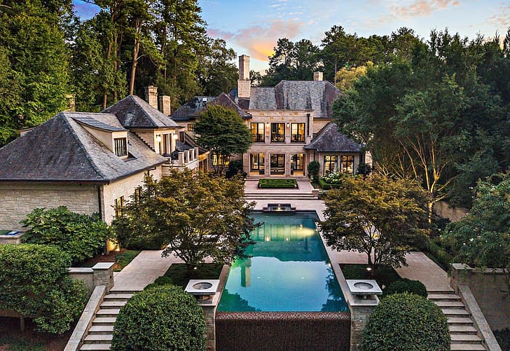 house, architecture, mansion, swimming pool, trees, Atlanta, HD wallpaper
