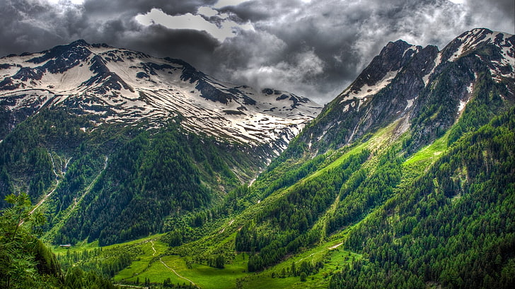 ภูเขาสีเขียวและสีขาว, ธรรมชาติ, ภูมิทัศน์, ป่า, ยอดเขาที่เต็มไปด้วยหิมะ, เมฆ, ฤดูใบไม้ผลิ, เทือกเขาแอลป์สวิส, สีเขียว, วอลล์เปเปอร์ HD