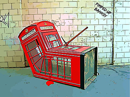 digital art, Banksy, graffiti, London, phone box, humor, HD wallpaper HD wallpaper