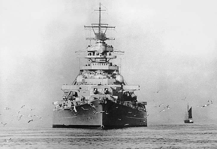 gråskalefoto av stridsfartyg, Slagskepp, Bismarck, 1939, den tyska flottan, HD tapet