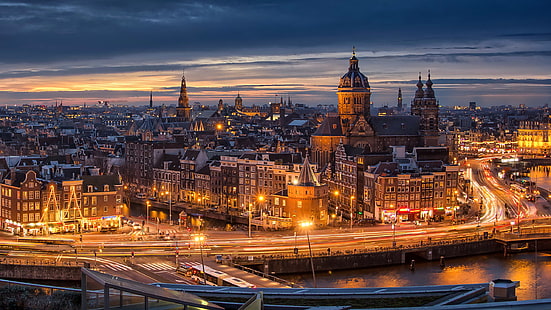 amsterdam, city, netherlands, nuit, HD wallpaper HD wallpaper