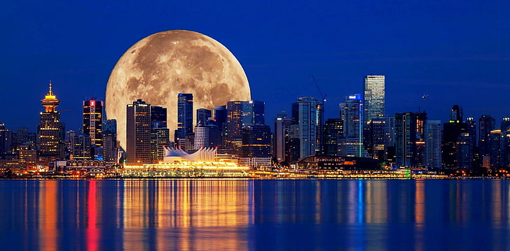 Ню Йорк Skyline Панорамен цифров тапет, Ванкувър, сграда, Луна, небостъргач, пейзаж, вода, градски пейзаж, нощ, HD тапет