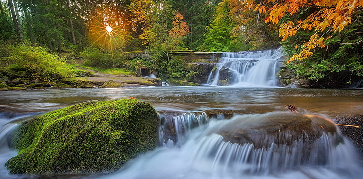 Wasserfälle, Natur, Landschaft, Wasserfall, Moos, Wald, Sonnenuntergang, Bäume, HD-Hintergrundbild