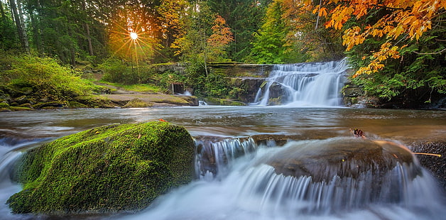Wasserfälle, Natur, Landschaft, Wasserfall, Moos, Wald, Sonnenuntergang, Bäume, HD-Hintergrundbild HD wallpaper