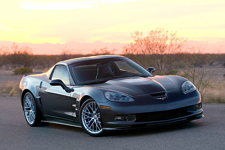 czarna Corvette coupe, Corvette, Chevrolet, samochód, zachód słońca, pojazd, Tapety HD HD wallpaper