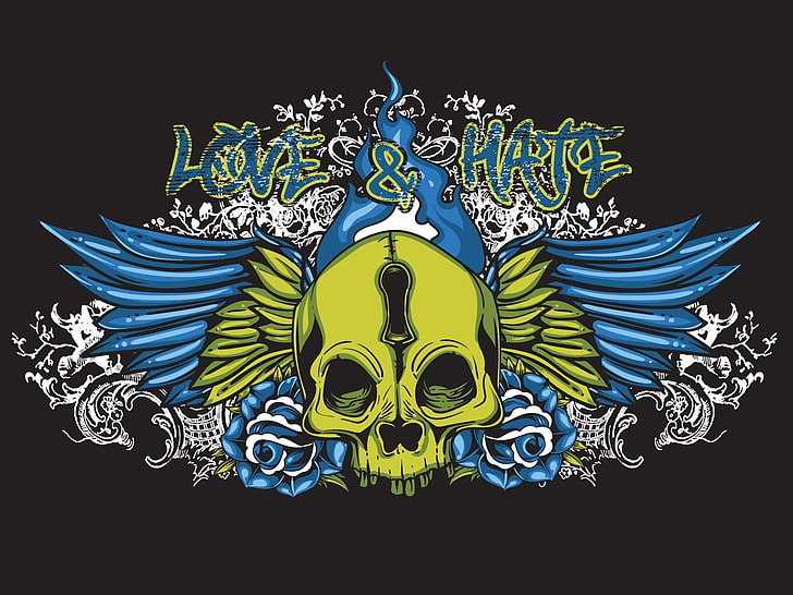 green and blue Love & Hate skull art, skull, style, graphics, wings, love, hate, two sides, HD wallpaper