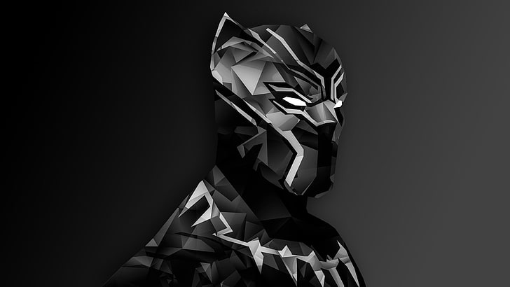 Marvel Black Panther цифровые обои, Капитан Америка: Гражданская война, Black Panther, низкополигональная, цифровое искусство, Marvel Cinematic Universe, монохромный, простой фон, HD обои