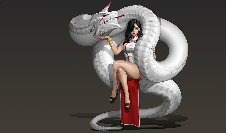 black haired female character illustration, girl, dragon, art, fantasy, Hwan (煥), The Red Horn, HD wallpaper