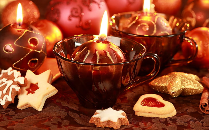 Christmas, New Year, candles, cookies, Christmas ornaments, cup, HD wallpaper