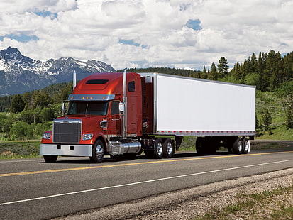 червен и бял товарен камион, камион, автомобили, товарен лайнер, HD тапет HD wallpaper