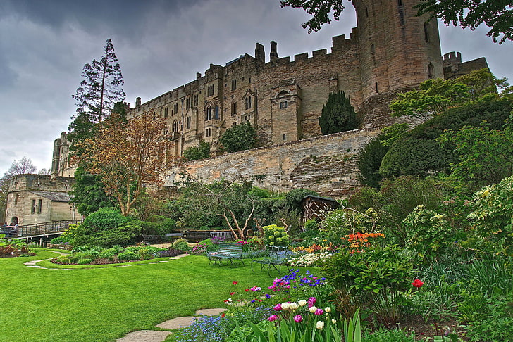 the sky, clouds, trees, flowers, Park, castle, the bushes, England, Warwickshire, Warwick castle, HD wallpaper